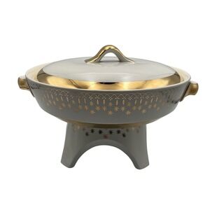 VTG Flare Ware Casserole Dish Lid and Trivet Hall China 1950s Starburst Design